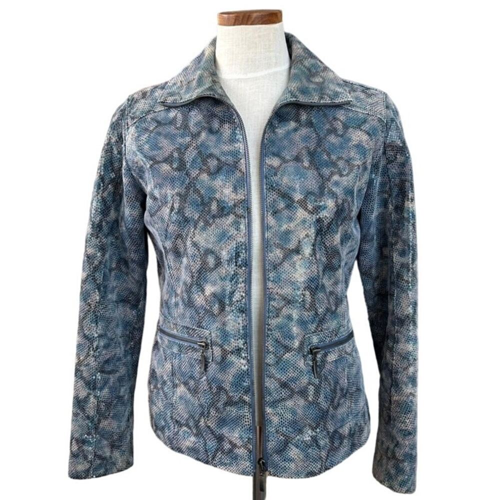 Chico's Blue Embossed Leather Snakeskin Moto Jacket Size 0.5 (S/6) Cobalt Lined